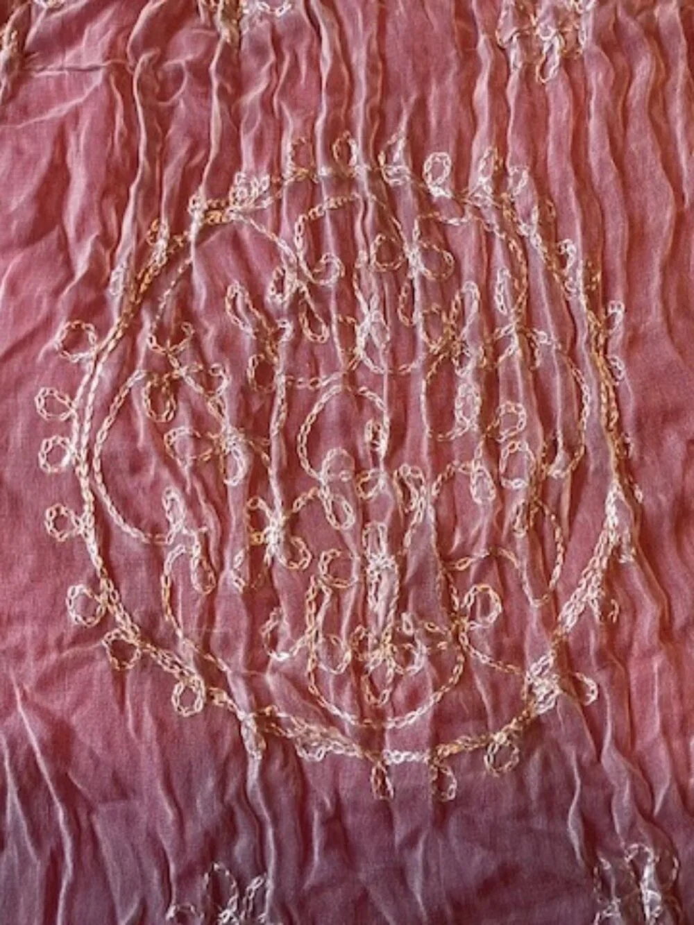 Sheer Crinkly Champagne Pink Scarf with Silk Embroidered Patterns